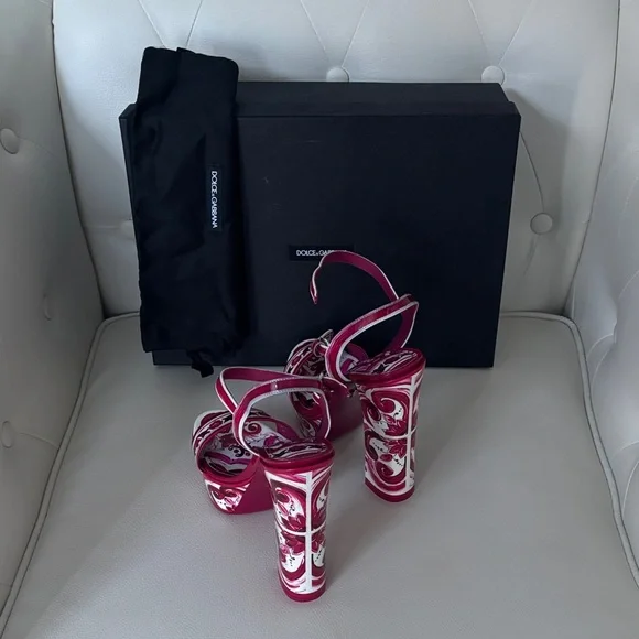 π― Authentic DOLCE &GABBANA Keira Maiolica Leather Fuchsia &White Platform Sandal - Picture 14 of 17
